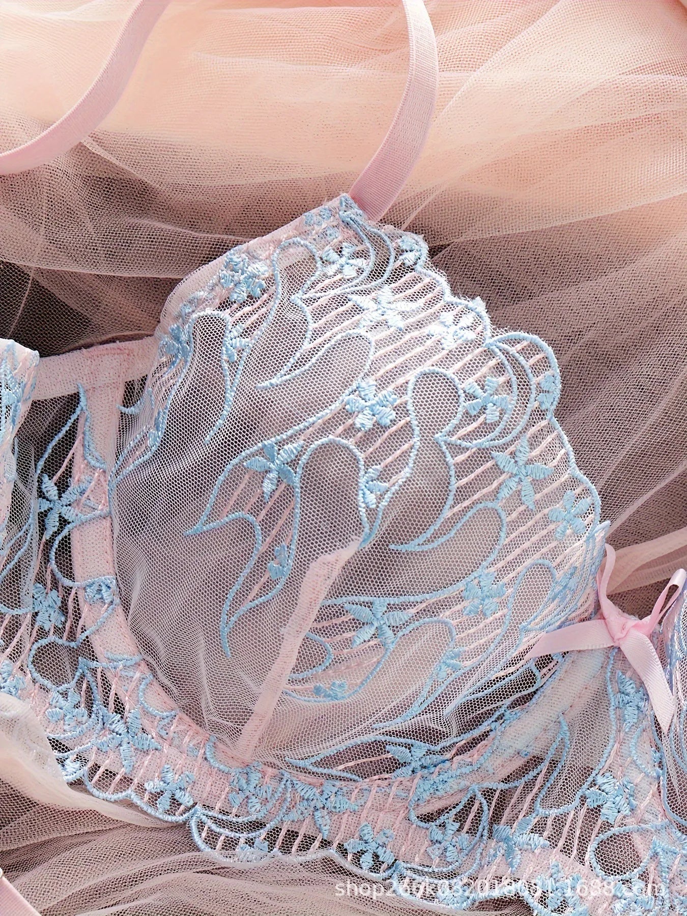 French Western Embroidery Floral Pink Blue Transparent Lingerie Sets Erotic Intimates Lingerie Set