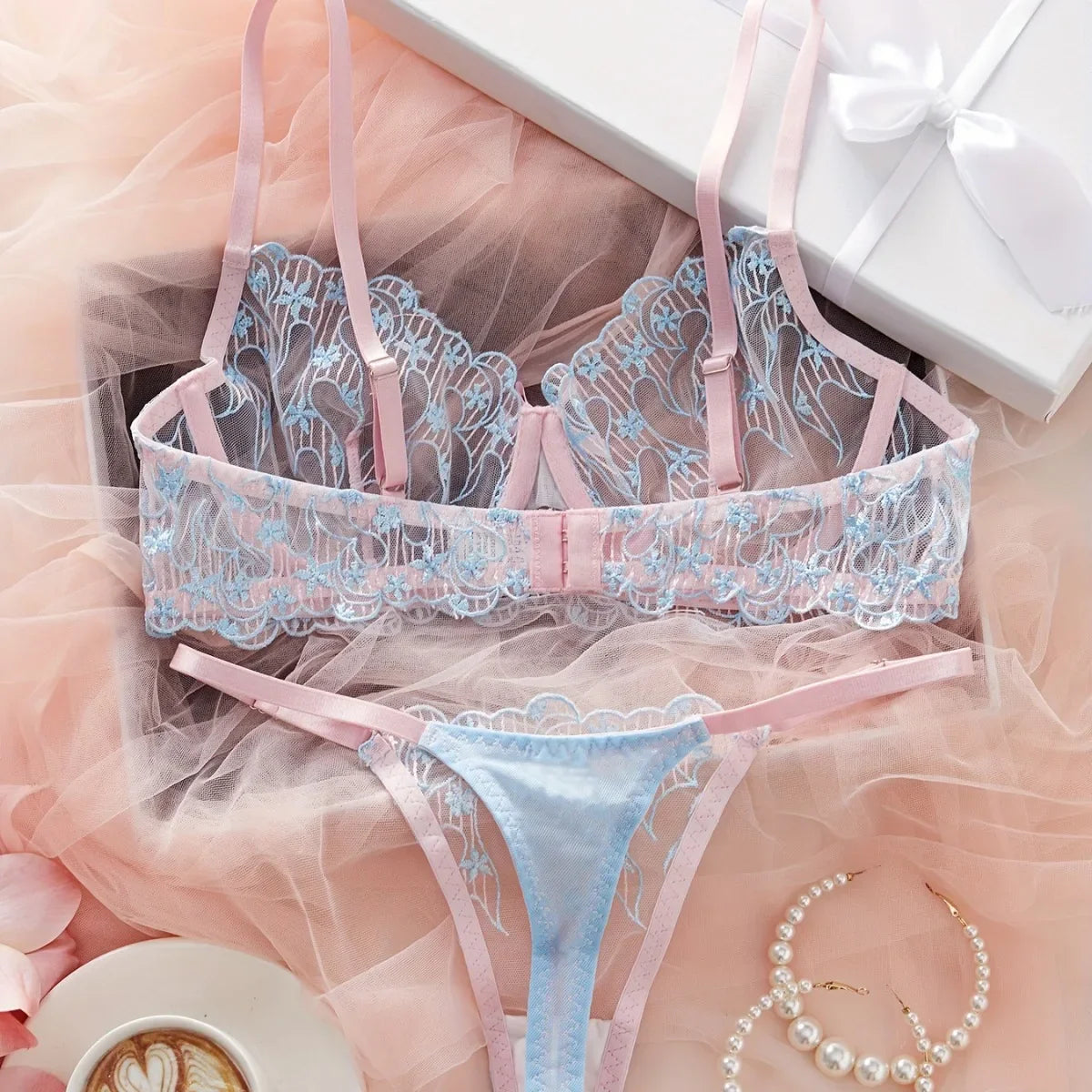 French Western Embroidery Floral Pink Blue Transparent Lingerie Sets Erotic Intimates Lingerie Set
