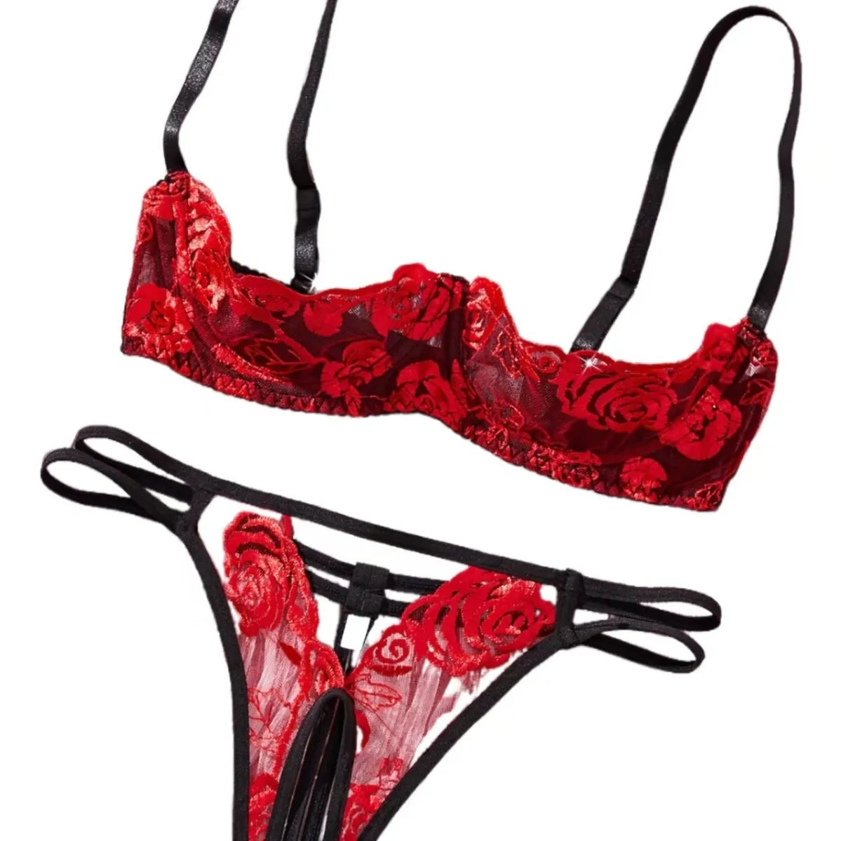 Half Cup Hollow Out See Through Bra Lace Embroidery Floral Contrast Color Lingerie Sets Erotic Lingerie Set Set