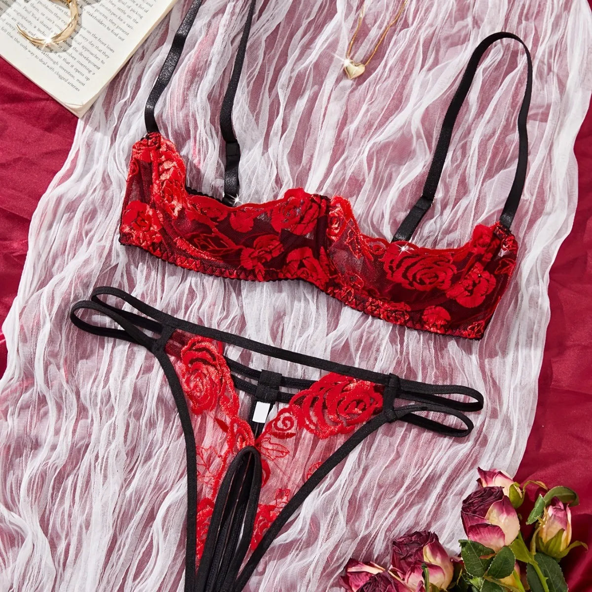 Half Cup Hollow Out See Through Bra Lace Embroidery Floral Contrast Color Lingerie Sets Erotic Lingerie Set Set