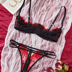 Half Cup Hollow Out See Through Bra Lace Embroidery Floral Contrast Color Lingerie Sets Erotic Lingerie Set Set