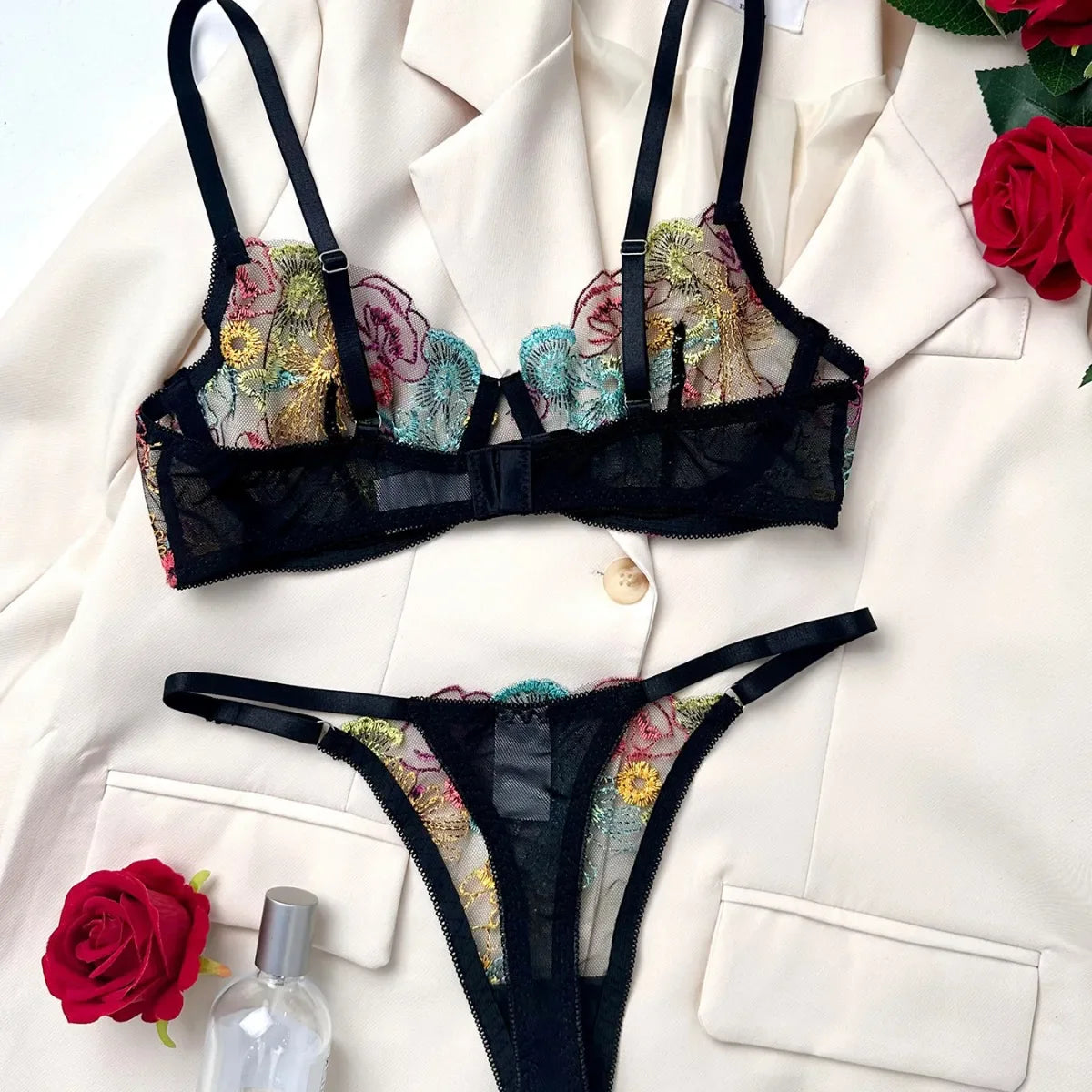 Hollow Out See Through Unique Embroidery Bra Laces Erotic Seductive Underwear Clothing Lingerie Set