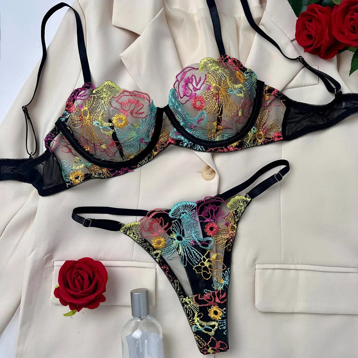 Hollow Out See Through Unique Embroidery Bra Laces Erotic Seductive Underwear Clothing Lingerie Set
