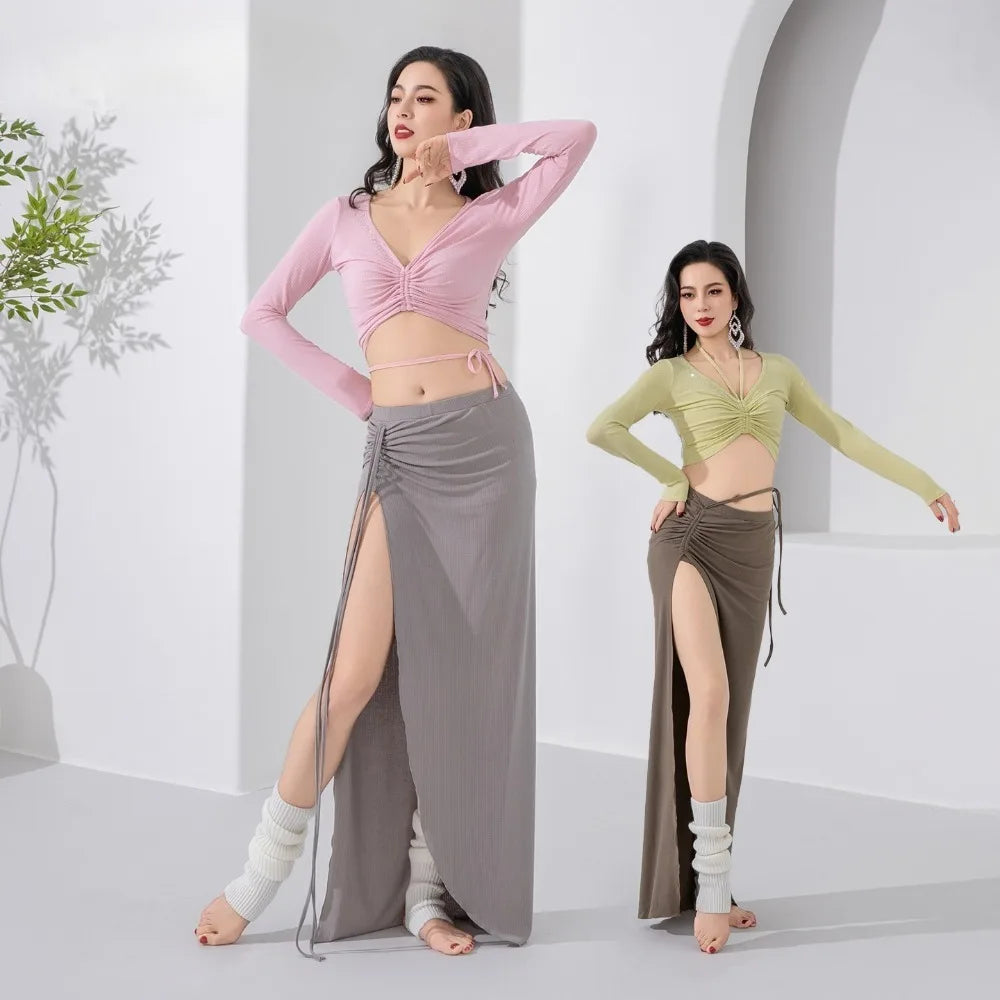 Knit Belly Dance Training Drawstring Half Skirt Soft Outfit