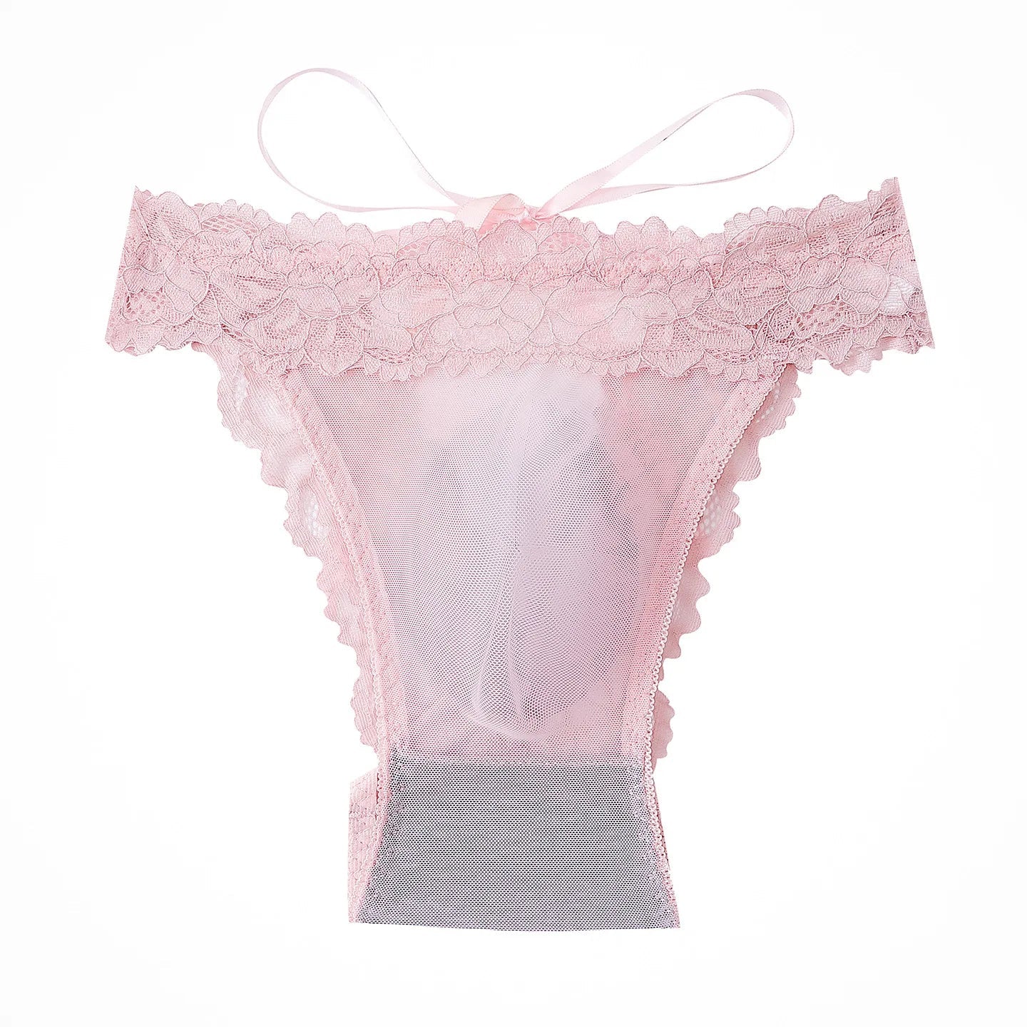 Men French Lace Mesh Bows Back Hollow Out Lace Up Tie Up Low Waist  Underpants Briefs Underwear