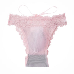 Men French Lace Mesh Bows Back Hollow Out Lace Up Tie Up Low Waist  Underpants Briefs Underwear