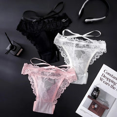 Men French Lace Mesh Bows Back Hollow Out Lace Up Tie Up Low Waist  Underpants Briefs Underwear