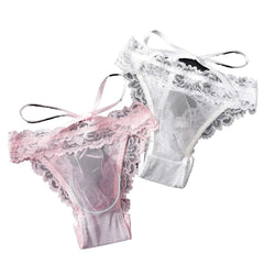 Men French Lace Mesh Bows Back Hollow Out Lace Up Tie Up Low Waist  Underpants Briefs Underwear