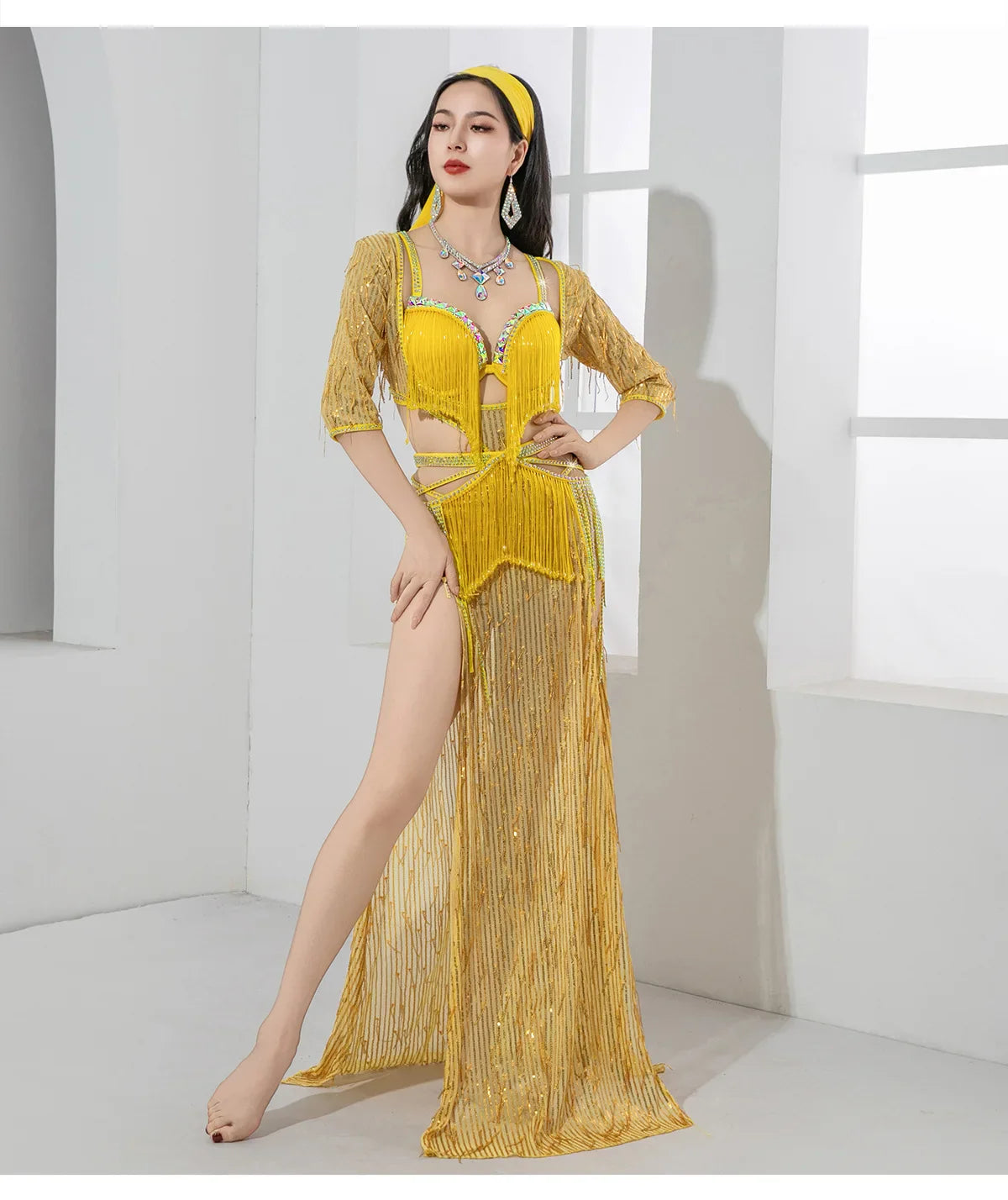 Multi Style Belly Dance Stage Outfit with Glitter Sequins and Tassels Elegant Group Performance