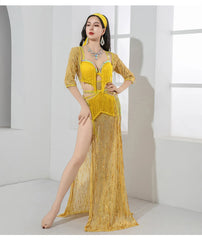 Multi Style Belly Dance Stage Outfit with Glitter Sequins and Tassels Elegant Group Performance