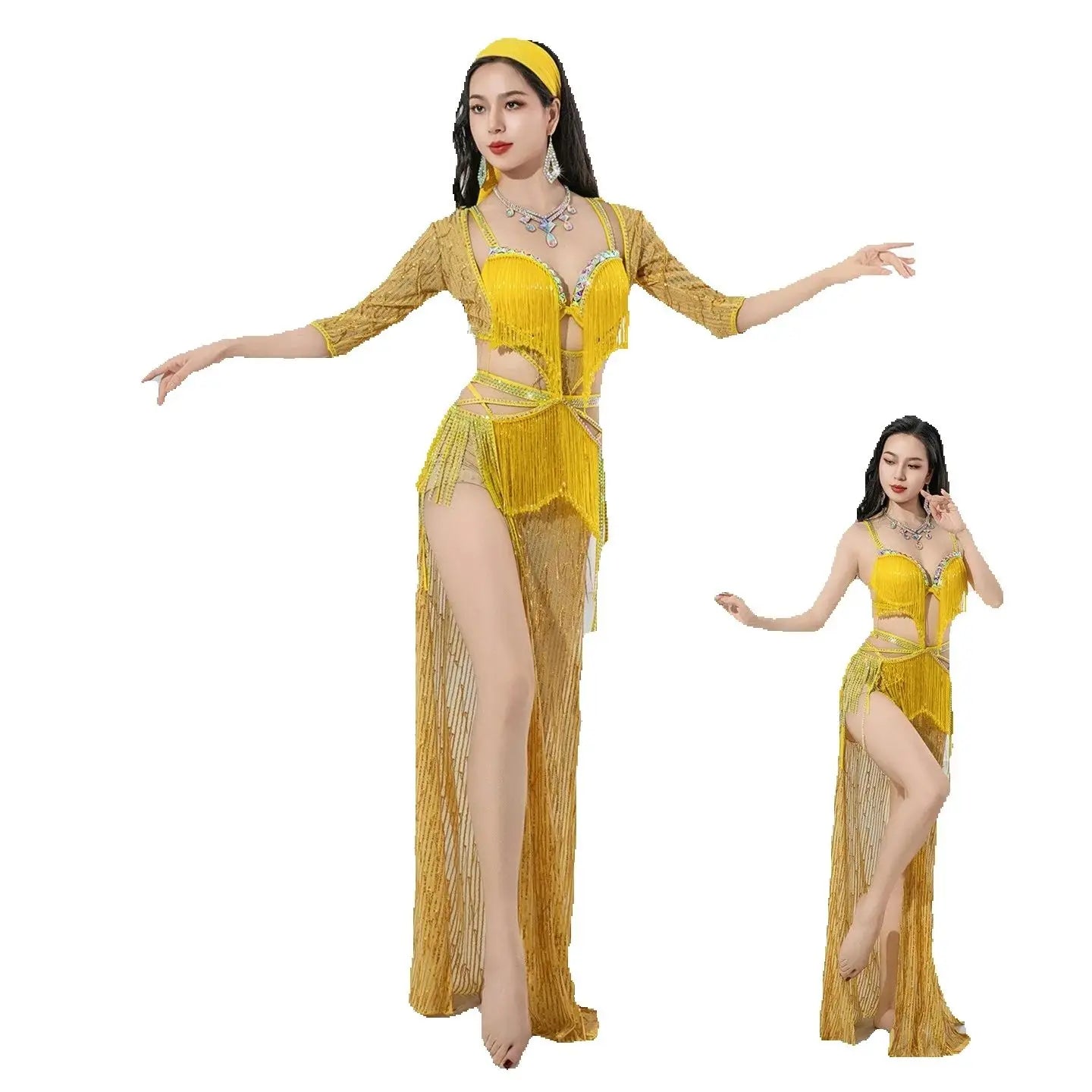 Multi Style Belly Dance Stage Outfit with Glitter Sequins and Tassels Elegant Group Performance