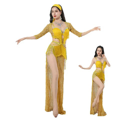 Multi Style Belly Dance Stage Outfit with Glitter Sequins and Tassels Elegant Group Performance
