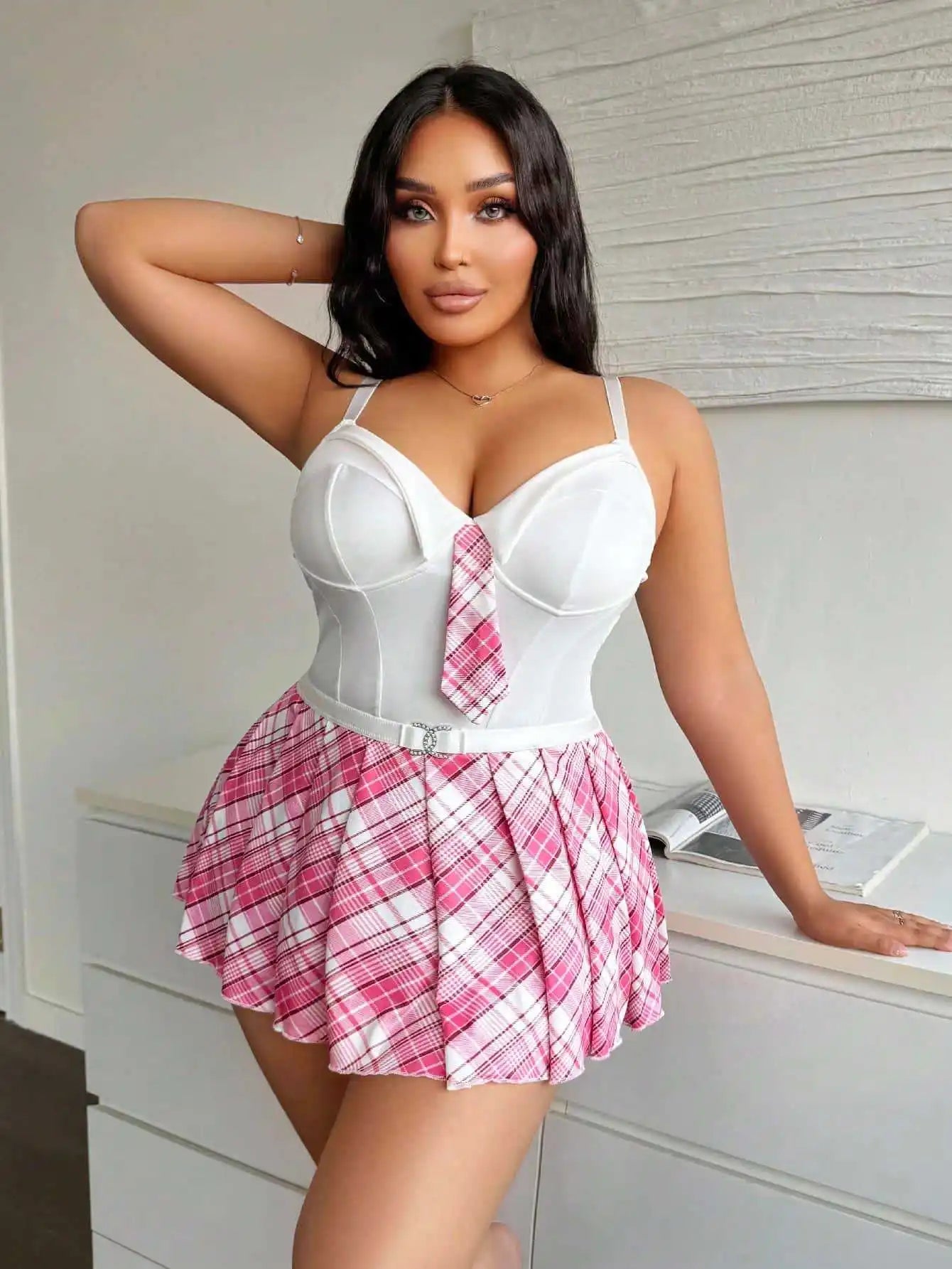 Plus Size Plaid Underwear Uniform Cosplay Role Play Halter Backless Cross Strap Plaid Skirt Lingerie Set