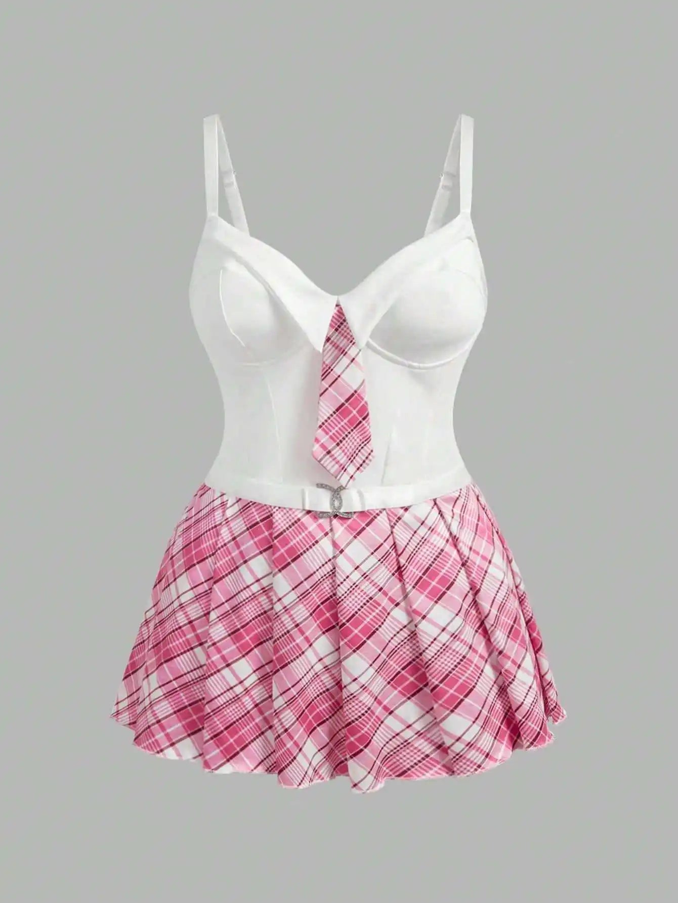Plus Size Plaid Underwear Uniform Cosplay Role Play Halter Backless Cross Strap Plaid Skirt Lingerie Set