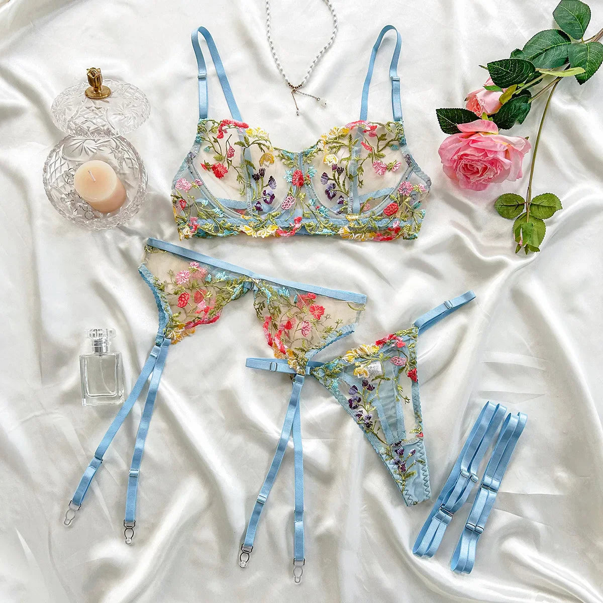 Embroidery Floral Color Block Belt Bra