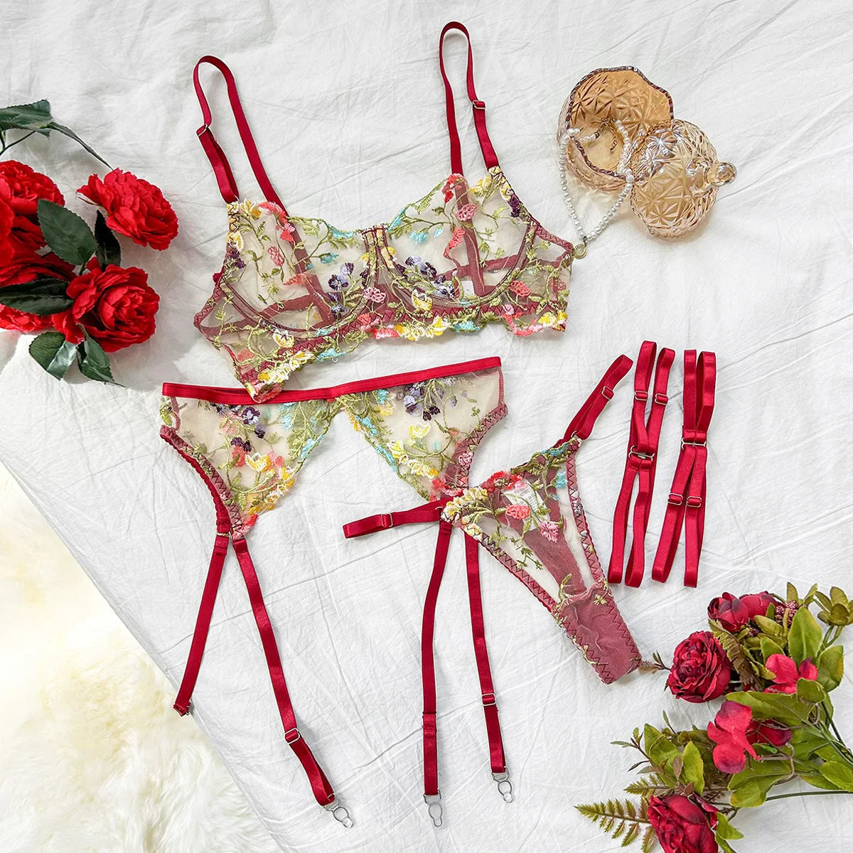 Embroidery Floral Color Block Belt Bra
