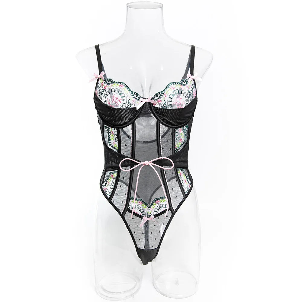 Erotic Embroidery Lace Featuring Sensual Bow Knot Design Alluring See Through Mesh Sensual Lingerie