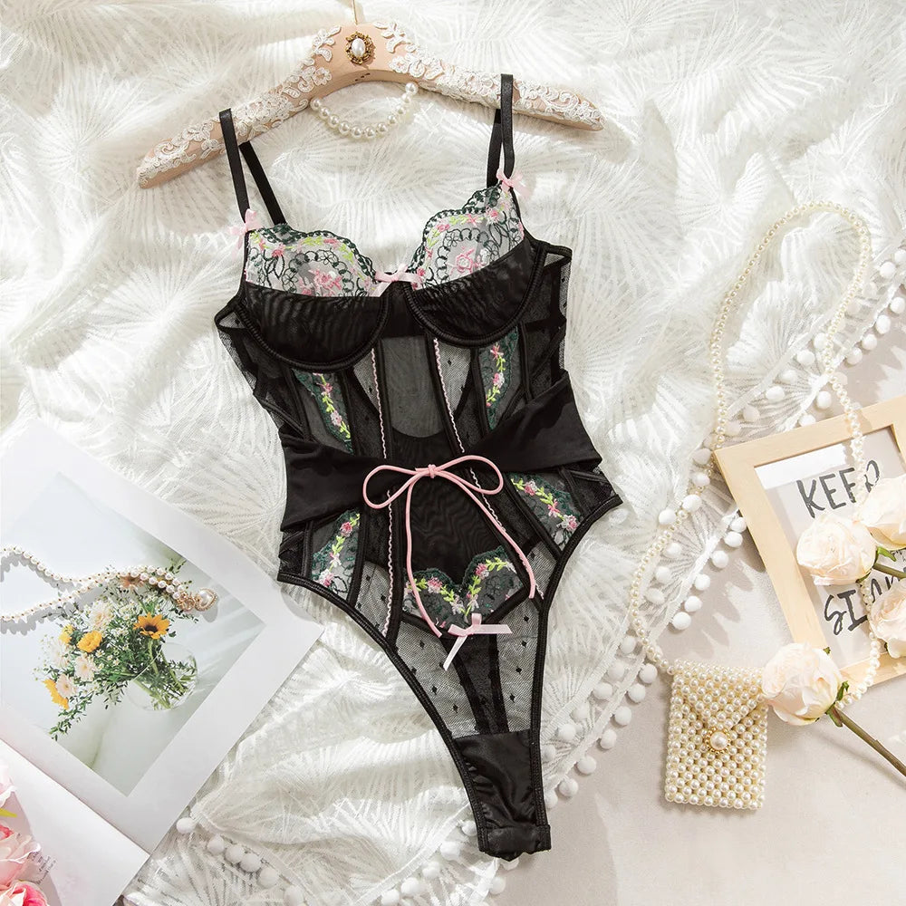 Erotic Embroidery Lace Featuring Sensual Bow Knot Design Alluring See Through Mesh Sensual Lingerie