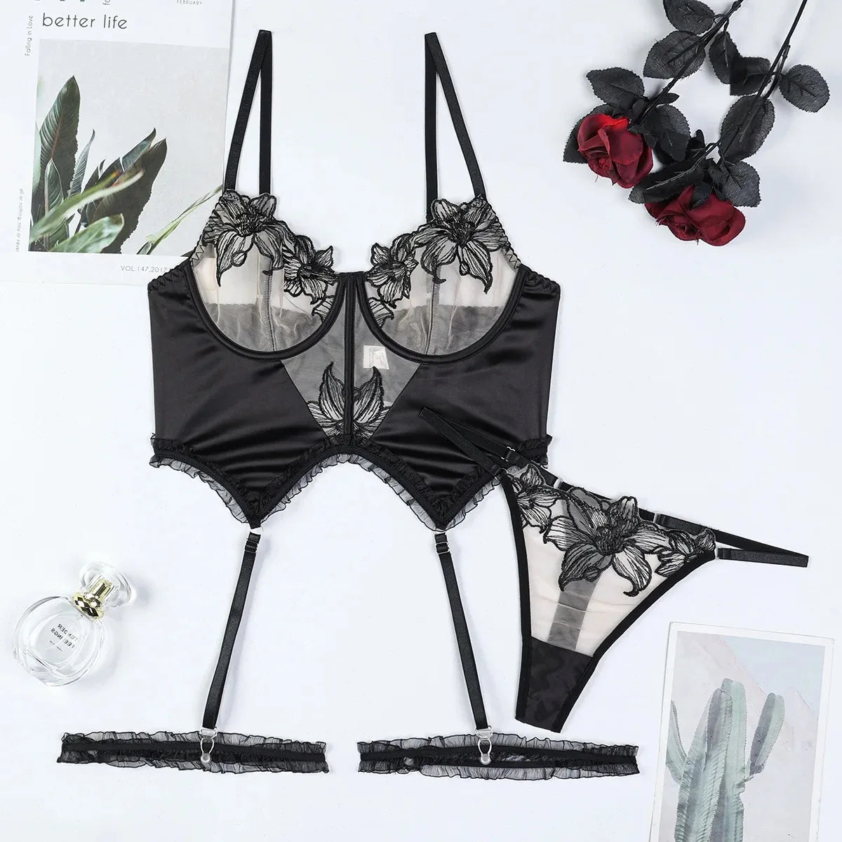 Erotic Floral Embroidery Satin Patchwork 2 Piece Set Featuring Sensual Stretch Design Alluring Charming Lingerie Set