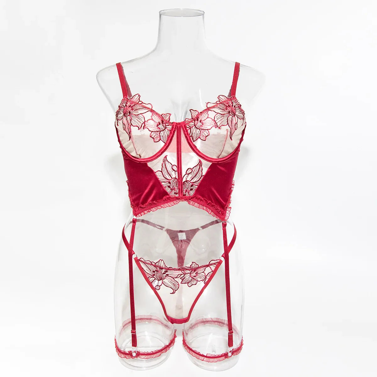 Erotic Floral Embroidery Satin Patchwork 2 Piece Set Featuring Sensual Stretch Design Alluring Charming Lingerie Set