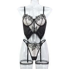 Erotic Floral Embroidery Satin Patchwork 2 Piece Set Featuring Sensual Stretch Design Alluring Charming Lingerie Set