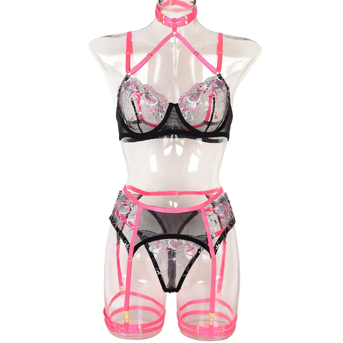 Erotic Fluorescent Heart Embroidery 3 Piece Set Featuring Sensual Mesh Patchwork Design Alluring Charming Bra Set