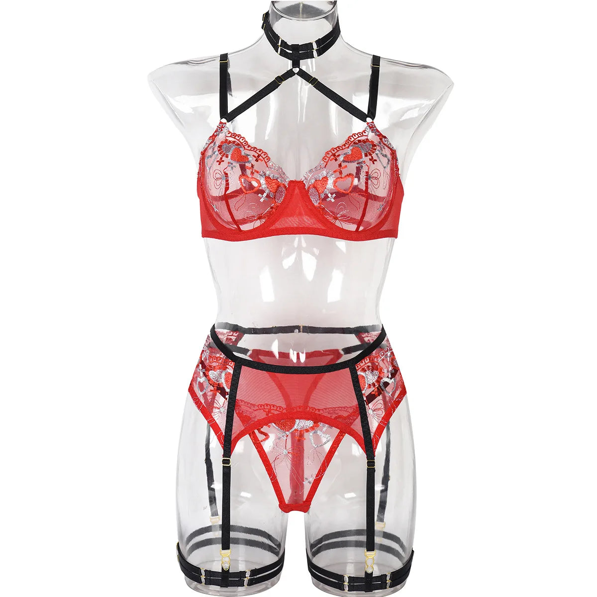 Erotic Fluorescent Heart Embroidery 3 Piece Set Featuring Sensual Mesh Patchwork Design Alluring Charming Bra Set
