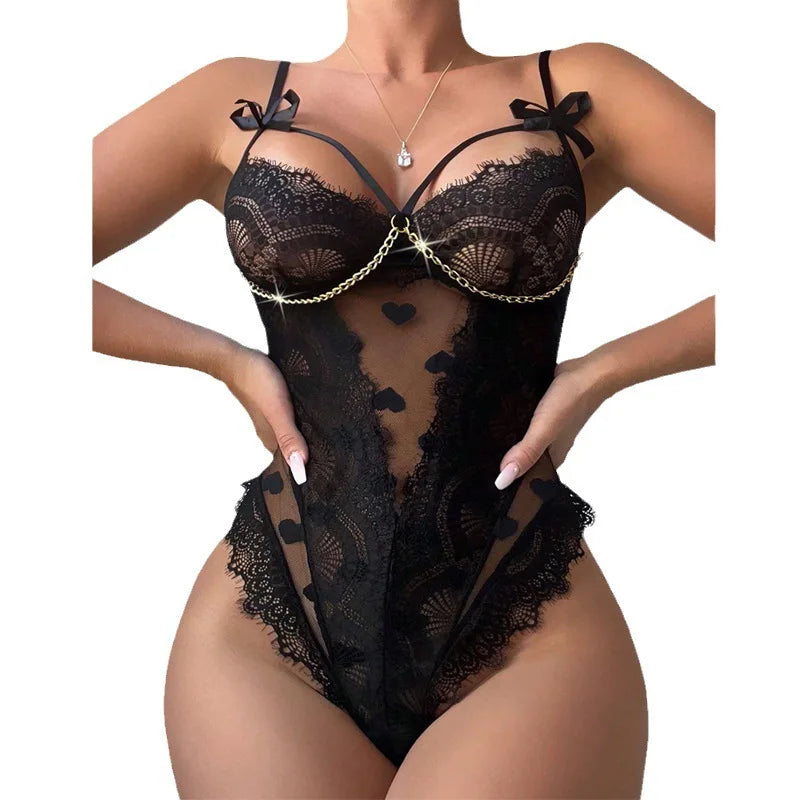 Erotic Lace Featuring Sensual Hollow Out Chained Design Alluring See Through Mesh Nightwear Sensual Lingerie