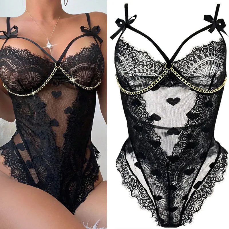 Erotic Lace Featuring Sensual Hollow Out Chained Design Alluring See Through Mesh Nightwear Sensual Lingerie
