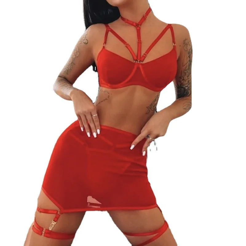 Erotic Mesh Patchwork 3 Piece Set Featuring Sensual See Through Design Alluring Charming Sensual Lingerie Set