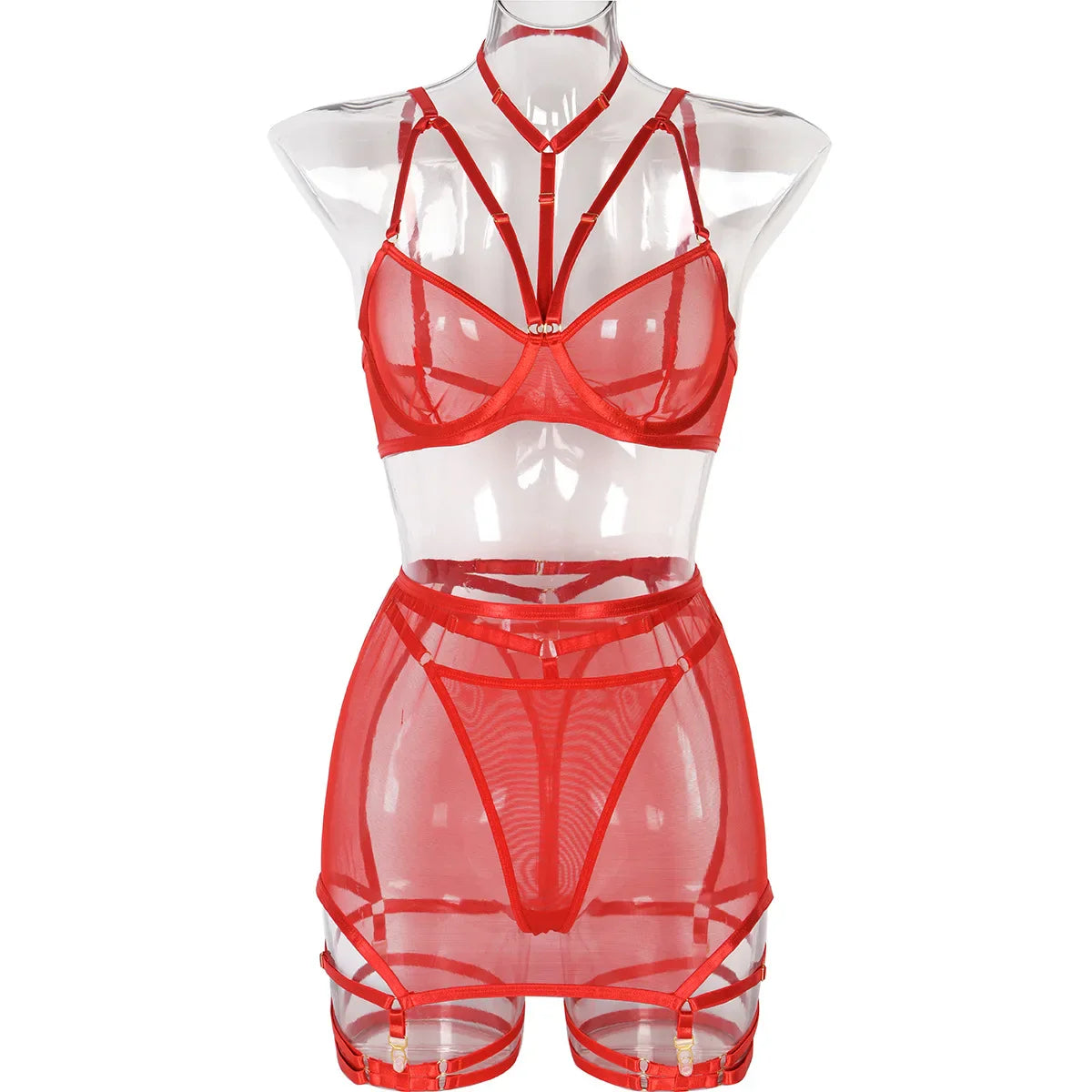 Erotic Mesh Patchwork 3 Piece Set Featuring Sensual See Through Design Alluring Charming Sensual Lingerie Set