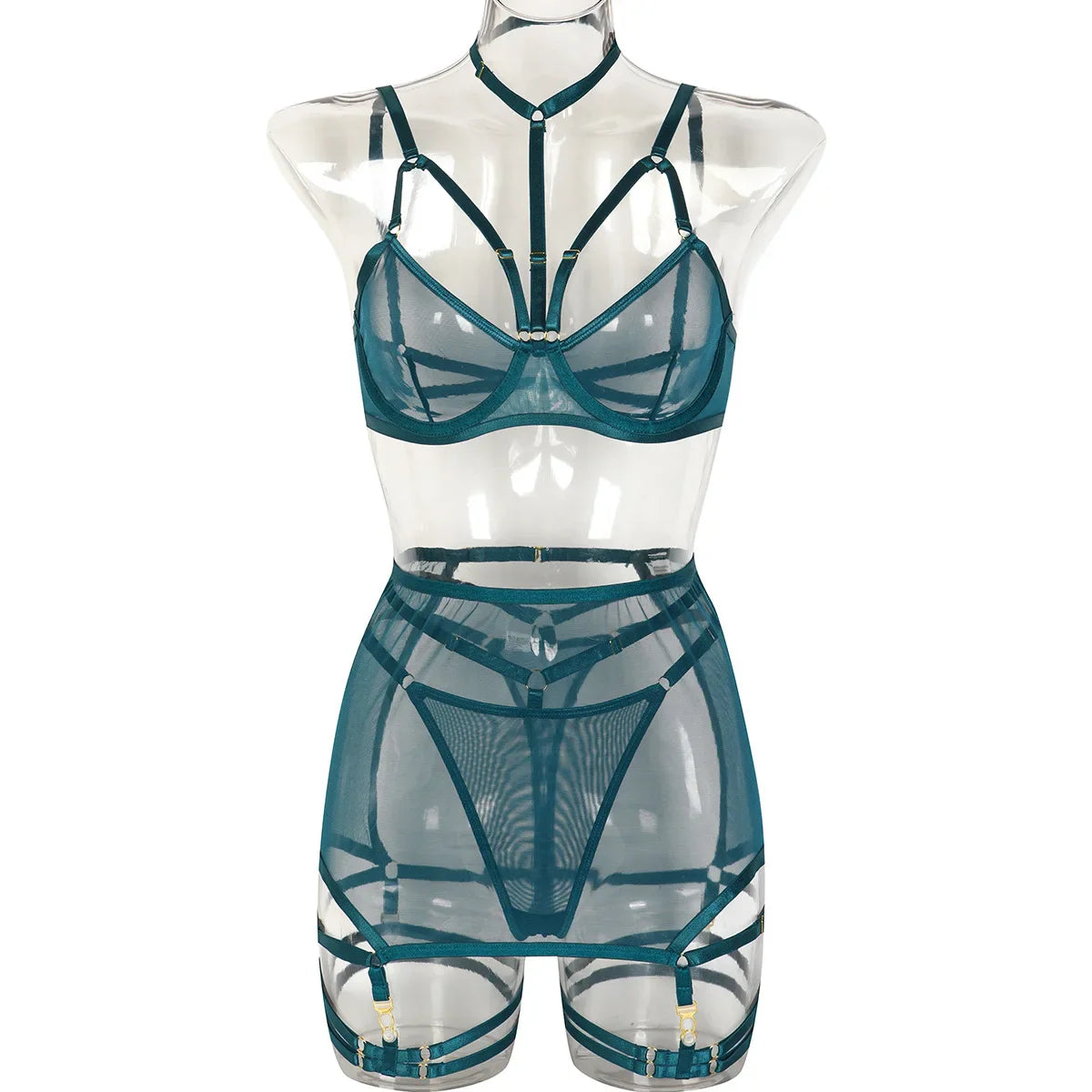 Erotic Mesh Patchwork 3 Piece Set Featuring Sensual See Through Design Alluring Charming Sensual Lingerie Set