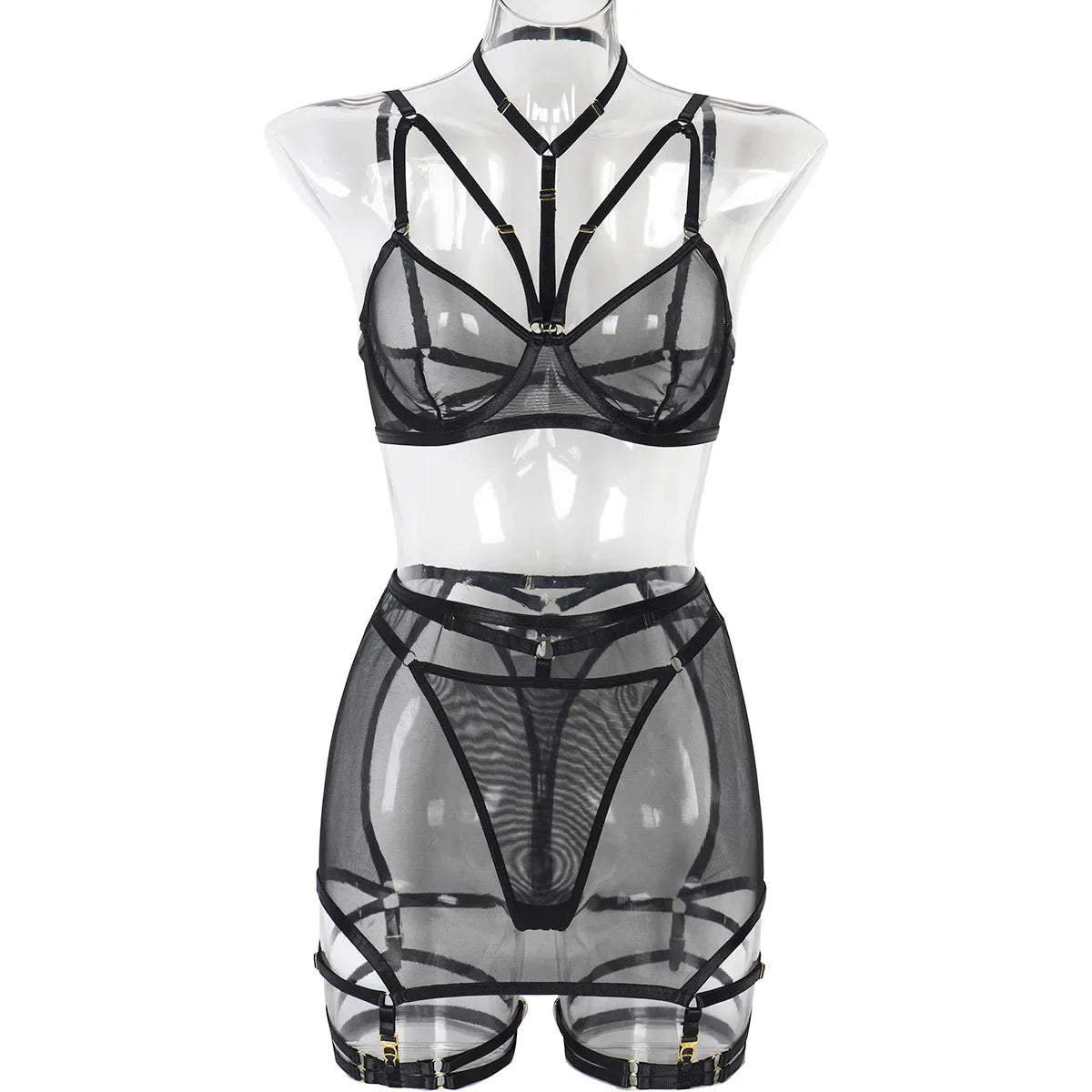 Erotic Mesh Patchwork 3 Piece Set Featuring Sensual See Through Design Alluring Charming Sensual Lingerie Set