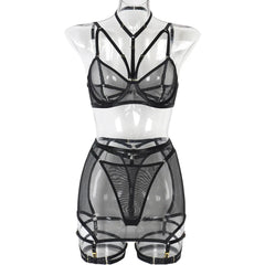Erotic Mesh Patchwork 3 Piece Set Featuring Sensual See Through Design Alluring Charming Sensual Lingerie Set