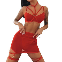Erotic Mesh Patchwork 3 Piece Set Featuring Sensual See Through Design Alluring Charming Sensual Lingerie Set