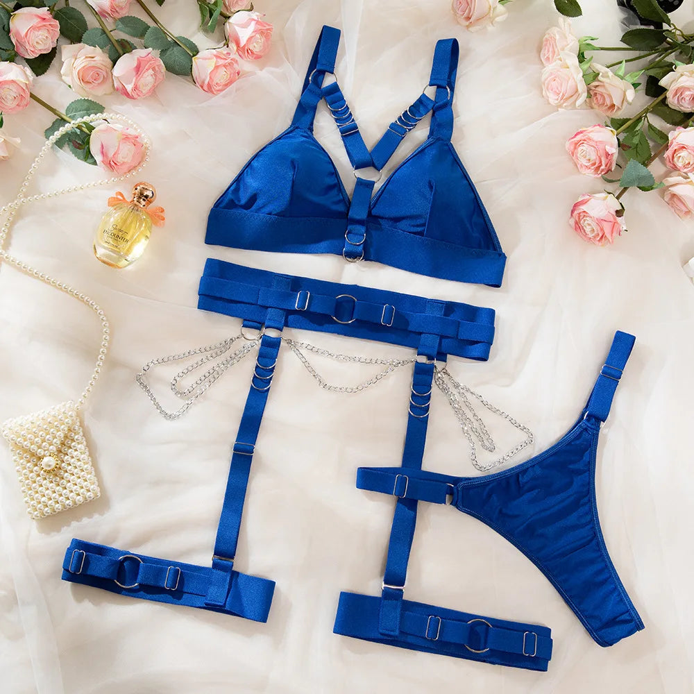 Erotic Metal Chain Lingerie Set Featuring Sensual Underwire Push Up Design Alluring Bandage Sensual Lingerie Bra Set