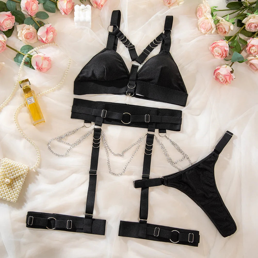 Erotic Metal Chain Lingerie Set Featuring Sensual Underwire Push Up Design Alluring Bandage Sensual Lingerie Bra Set