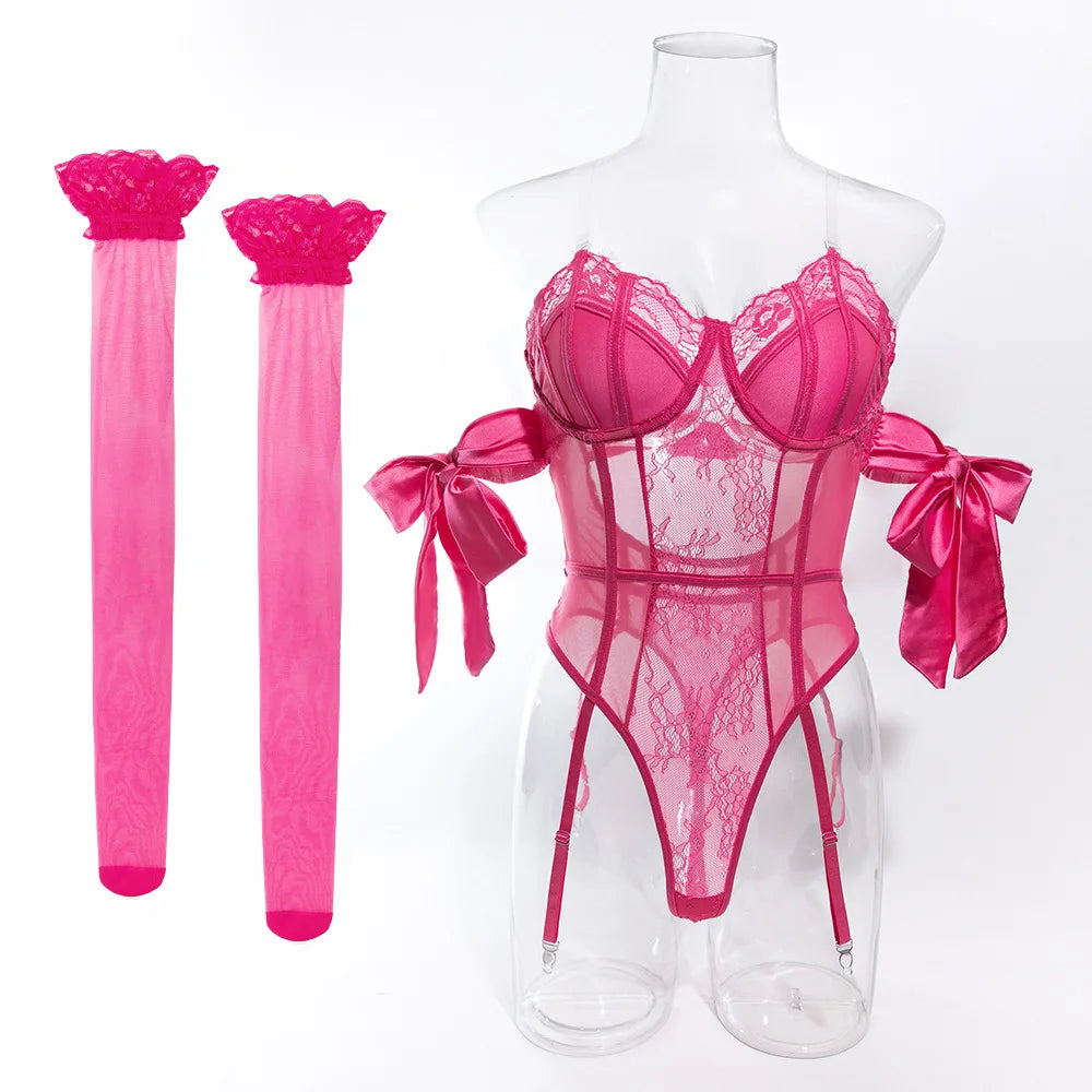 Erotic Purple Silk Bow Featuring Sensual Lace Up Design Alluring With Stockings Charming Lingerie Set
