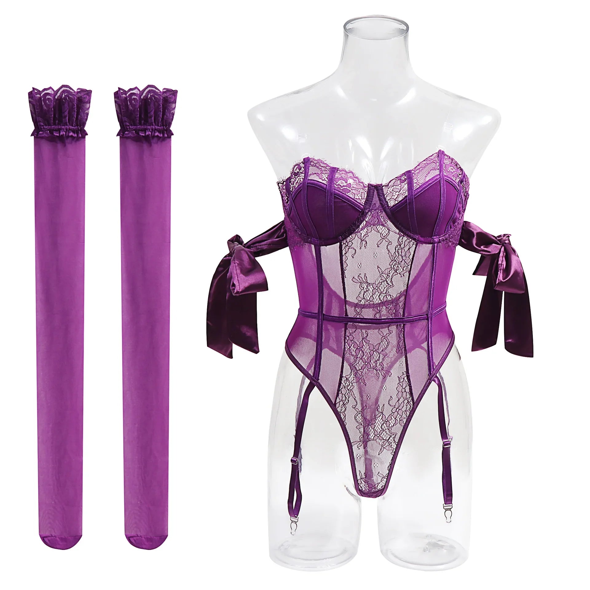Erotic Purple Silk Bow Featuring Sensual Lace Up Design Alluring With Stockings Charming Lingerie Set