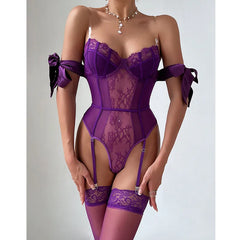 Erotic Purple Silk Bow Featuring Sensual Lace Up Design Alluring With Stockings Charming Lingerie Set