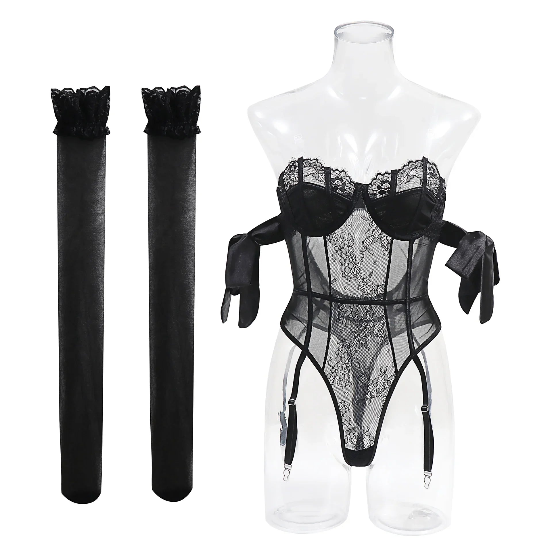 Erotic Purple Silk Bow Featuring Sensual Lace Up Design Alluring With Stockings Charming Lingerie Set