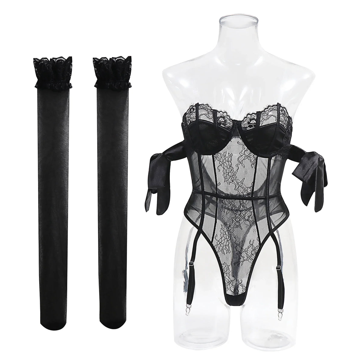 Erotic Purple Silk Bow Featuring Sensual Lace Up Design Alluring With Stockings Charming Lingerie Set