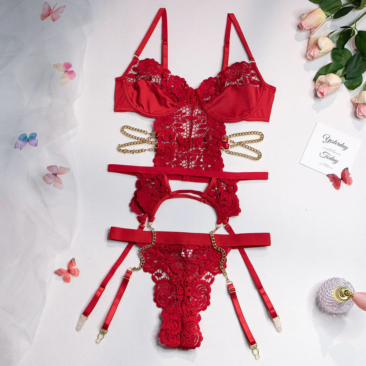 Erotic Three Point Lace Bra 2 Piece Set Featuring Sensual Hollow Out Backless Design Alluring Sensual Lingerie Set
