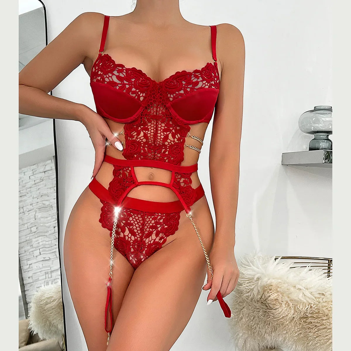 Erotic Three Point Lace Bra 2 Piece Set Featuring Sensual Hollow Out Backless Design Alluring Sensual Lingerie Set