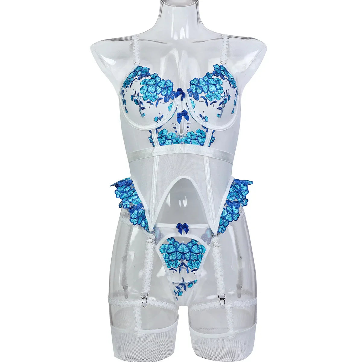 Erotic Western Style Black White Patchwork 3 Piece Set Featuring Sensual Floral Embroidery Long Stockings Bra Set