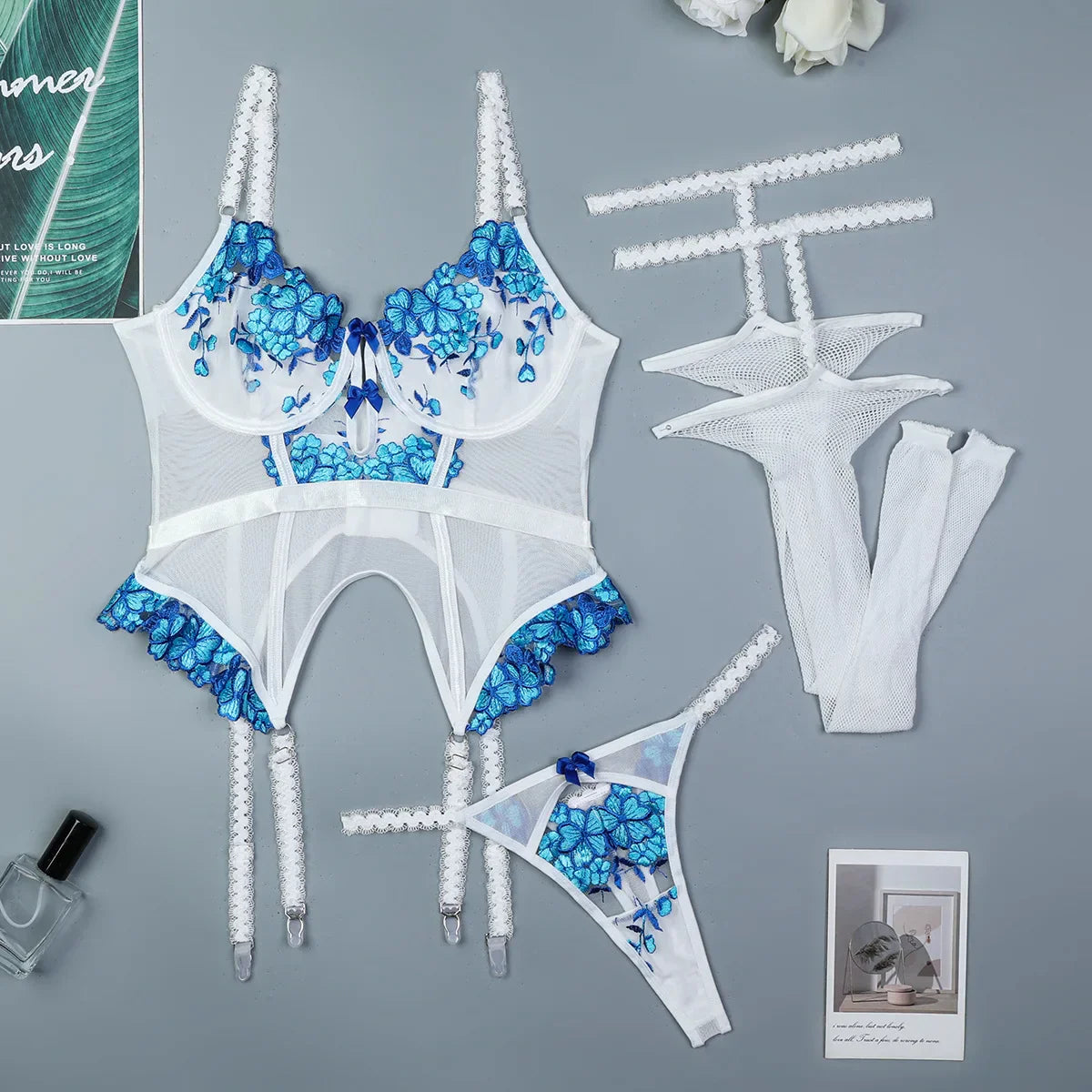 Erotic Western Style Black White Patchwork 3 Piece Set Featuring Sensual Floral Embroidery Long Stockings Bra Set