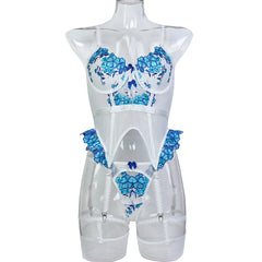 Erotic Western Style Black White Patchwork 3 Piece Set Featuring Sensual Floral Embroidery Long Stockings Bra Set