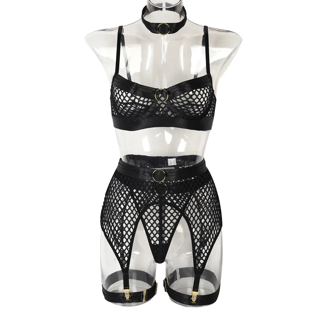 Erotic Western Style Halter Underwired 4 Piece Set Featuring Sensual Large Mesh Patchwork Design Alluring Bra Set