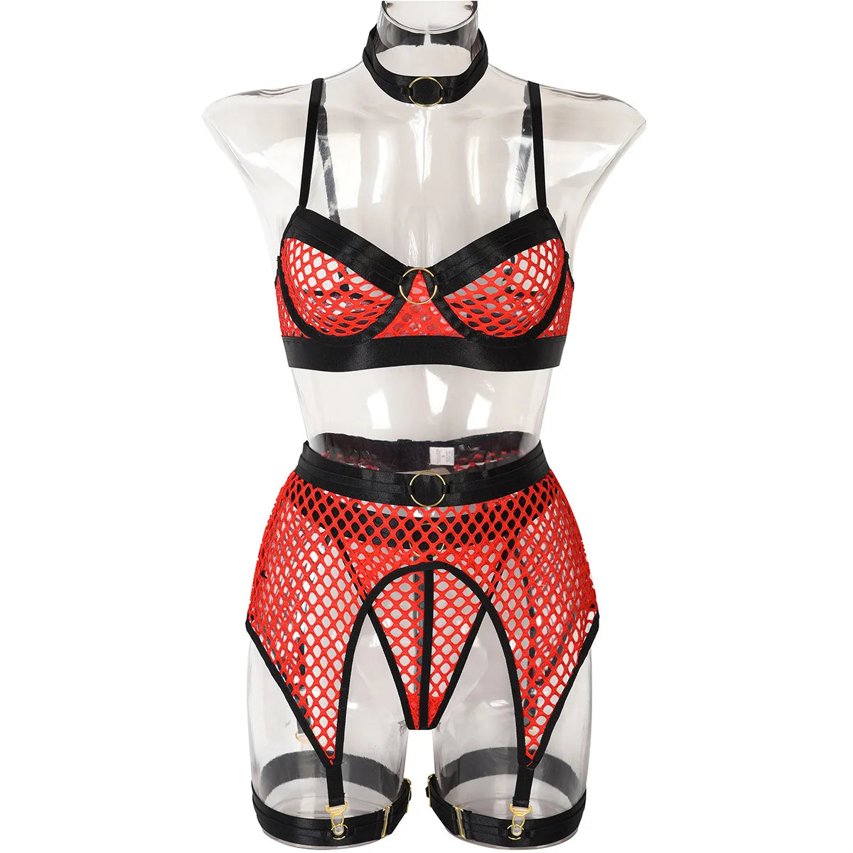 Erotic Western Style Halter Underwired 4 Piece Set Featuring Sensual Large Mesh Patchwork Design Alluring Bra Set
