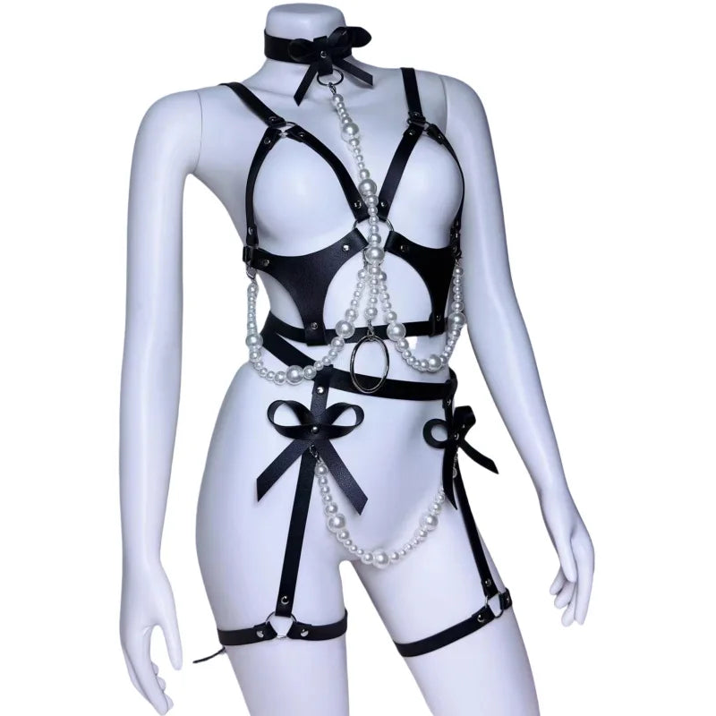 Leather Body Harness Sets Pearl Bowknot Hollow Out Binding Belt Erotic Lingerie Fetish  Adult  Accessories Set